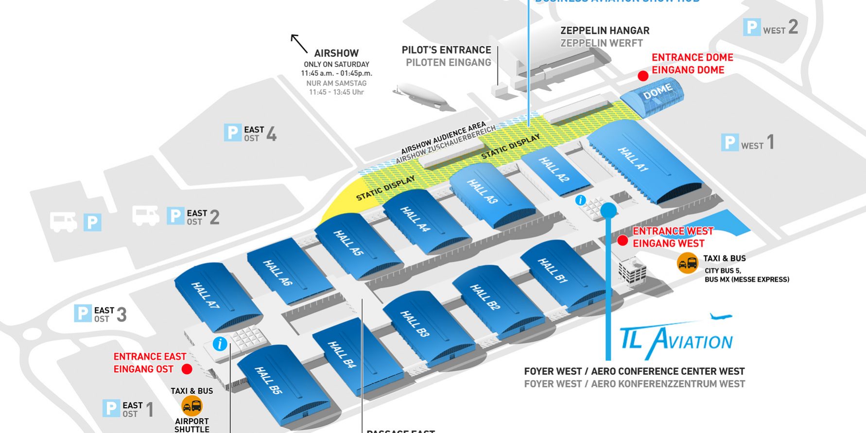 Der Hallenplan der Aero Friedrichshafen. Unser Stand ist im Foyer West, Booth Point 23
