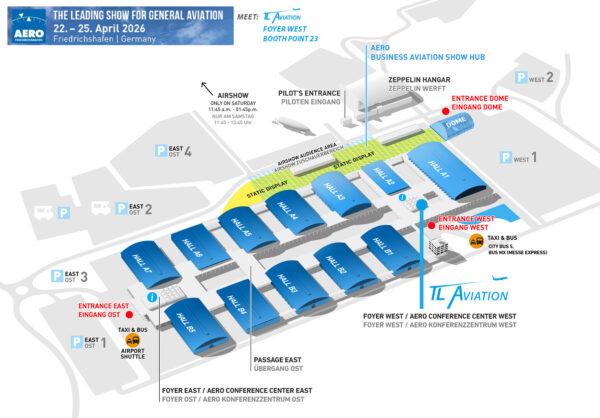 Aero TL Aviation Plan Der Hallenplan der Aero Friedrichshafen. Unser Stand ist im Foyer West, Booth Point 23